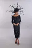 Черное платье-футляр House Of Mooshki Платье для матери невесты с вырезом из драгоценных камней с длинным рукавом и перьями Свадебные платья для гостей Вечернее платье длиной до чая