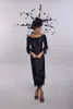 Black Sheath House Of Mooshki Mother of The Bride Dress Jewel Neck Long Sleeve Feather Wedding Guest Dresss Tea Length Evening Gow320b