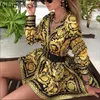 Fashion-Sexy paisley vintage print gold dress Women holiday beach casual dress Summer elegant short party club large size