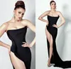 2020 Sexy Black Mermaid Evening Dresses Strapless High-split Satin Court Train Evening Gown Custom Made Formal Party Gown