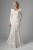 New Mermaid Lace Long Modest Wedding Dresses 2019 With Long Sleeves V Neck Champagne Vintage LDS Modest Bridal Gowns Couture Cusstom Made