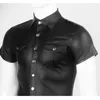 Sexy Black Faux Leather Men Shirt Wet Look Stretch Undershirt Latex Gay Novelty Short Sleeve Uniform Clubwear Male Stage Nightclub Costume