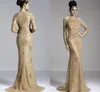 2021 Vintage Gold Champagne Matka panny młodej Suknie Mermaid Klejnot Neck Długie Rękawy Pełna Koronkowa Aplikacje Plus Size Party Dress Suknie wieczorowe