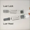 Syror 1ml Luer Lock Luer Head Glass Sprut Mätmärke Tips för 510 Vapepatroner Tjock Oljekassett ECIG Klar färg 100PCS / Lot