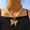 Fashion Rhinestone Butterfly Pendant Necklaces For Women Beaded Chain Simulated Pearl Choker Necklace Jewelry Boho