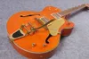Gre Falcon G6120 Metal Orange Color Chet Atkins Country Jazz Half Hollow Body Electric Guitar Pearlicid Hump Inlaid Golden Swing Tail