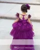 Violet Princesse Hi-Lo Violet Filles Pageant Robes Cap Manches Or Appliques Longue Enfant Enfants Fleur Fille Fête Robes De Bal Pour Les Enfants