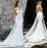 Elegante Sheer Cap manga encaje sirena playa Boho vestidos de novia apliques de tul barrido tren verano boda vestidos de novia túnicas de mariee