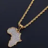 18K Vergulde Iced Out Africa Kaart Hanger Stainess Staal Ketting met 3mm 24 inch touw Chian