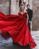 Sexy Red V Neck Evening Dresses Off Shoulder Short Sleeves Satin Ball Gown Prom Dresses Sweep Train New Fashion Red Carpet Dress