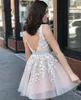 2020 Cheap Sexy Short Mini Cocktail Dresses V Neck Sleeveless Tulle Lace Appliques Sash Sexy Open Back Prom Dress Party Homecoming Gowns