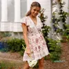 Moda-Yeni Yaz Elbise İçin Kadın Kısa Kollu Bohemian Plaj Pileli Elbise V yaka Sarkaç Çiçek Günlük Elbise kadınlar Giyim S-XL