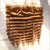 # 27 Honey Blonde Brazilian Deep Wave Curly Virgin Human Hair Weave 3 buntar med ljusbrun 13x4 öra till örat full spets frontal