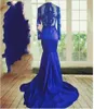 Nouvelle robe de bal en dentelle robe de sirène à manches longues robes de soirée voir à travers les robes de soirée africaines bleu royal sexy appliquées