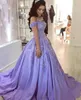 Mörk Lavendel Prom Dresses Lace Appliques Off Hon Shoulder Satin Evening Gowns Zipper Back Sweep Train Women Formal Wear Vestidos