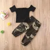 1-6Y mode kids baby meisje kleding meisje outfits zwarte korte mouw uit schouder t-shirt tops + camouflage broek outfit 2pcs1