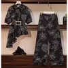 Two Piece Dress Women 2021 Summer Print Chiffon Suits Female Half Sleeve Irregular Blouse Top +Wide Leg Pants Trousers Casual 2 Set1