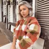 Affogatoo Casual O neck plaid lambswool hoodies sweatshirt women Vintage loose pullover sweatshirt Autumn winter ladies coats T200727