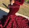 섹시한 흑인 여자 로즈 V - 넥 댄스 파티 드레스 핸드 메이드 꽃 인어 긴 소매 아프리카 공식 파티의 저녁 가운 게스트 가운 가운 드 Soiree