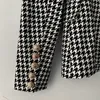 Nieuwe Top Kwaliteit Originele Ontwerp vrouwen Klassieke Houndstooth Double-Breasted Blazer Slanke Jas Metalen Gespen Blazer pak kraag uitloper