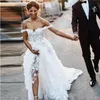 2019 New Bohemian Wedding Dresses Off The Shoulder Lace 3D Floral Appliques A Line Beach Wedding Dress Sweep Train Cheap Bhoh Bridal Gowns