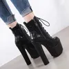 16cm Luxury Black Lace Up Stone Grain Motocyle Ankel Boots Ultra High Heels kommer med lådan 34 till 40