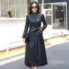 Kvinnor faux läderjacka Autumn Winter Jacket PU Button Klädbälte Korean Elegant Slim Fit Long Trench Coat Windbreaker LJJA2548