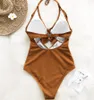 Hot Koop Geel Effen uit één stuk Badpak Falbala V-hals Ruche Sexy Monokini 2019 Dames Strand Badpak Badmode