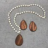 Hot Sale Low MOQ Stock Personalzied 5cm Teardrop Wooden Necklace Monogrammed Wood Tear Pendant Pearl Necklace sets