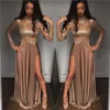 2019 Africain Magnifique Sexy Perlé Champagne Paillettes Robes De Soirée À Manches Longues Robes De Bal Robe Robes Occasion Spéciale Robes De Soirée