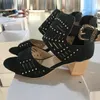 2020 Nova Mulheres Leather Sandal Designer esculpida oco grosso Salto Alto Preto Estilo ocidental Peixe Boca Sapatos US4-12 com caixa