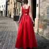 Elegant Womens Evening Party Dresses Crewneck Satin Slim Fit Red Long Full Length Dress Vestidos De Fiesta