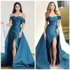 2019 Teal Blue Satin Prom Dresses Sexy Off The Ramię z Overkirt Side Slit Ruched Formalne wieczorowe suknie wieczorowe