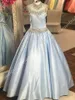 Little Roise Girls Pageant Dresses 2019 A-Line High Neck Real Photo Ljus Himmelsblå Vit First Communion Dress for Little Girl Golvlängd