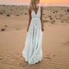 Lunares blanco sin mangas Boho Maxi Mujer Vestido suelto hasta el suelo Vintage playa vestidos cuello pico Sexy verano fiesta Vestido