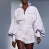[Menkay] Vitskjorta Shorts Kvinnor Två Piece Sets Lantern Sleeve Blus Kvinna Högt midja Shorts Suits Spring Fashion Clothes