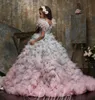 Ombre Feather Ball Gown Flower Girl Dresses For Wedding Beaded Bateau Neck Appliqued Toddler Pageant Gowns Tulle Tiered Kids Prom Dress 415