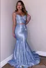 Odblaskowe jasne seksowne niebieskie sukienki na bal matrowe długie krzyżowe paski spaghetti błyszcząca długość podłogi formalne suknie wieczorowe ogstuff abiti