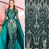 Eleganta muslimska gröna långärmade kvällsklänningar 2018 med avtagbar tåg sequin bling marockansk kaftan formell festklänning