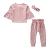 Baby Girl Clothes Set Flare Sleeve Tops Pants Headband 3pcs Sets Pink Toddler Girl Outfits Designer Baby Clothing DW4682