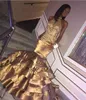 Bling Bling Gold Prom Dresses Mermaid 2019 Beads Crystal Tiers Satin African Pageant Arabic Dubai Formal Long Party Gowns Evening Dress