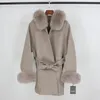 OFTBUY Echte Bontjas Winterjas Vrouwen Natuurlijke Vos Bontkraag Manchetten Kap Kasjmier Wol Wollen Oversize Dames Bovenkleding