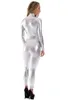 Przednie suwak Silver Catsuits damskie z długim rękawem Czarny Catsuit Spandex Lycra Body Shiny Metallic Unitard Dancewear Zentai Garnitur