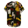 Heren Casual Shirts Mannen Kleur Block Shirt Mens Gedrukt Hawaiiaanse losse Korte Mouw Knoppen Turn Down Summer Beach # 38