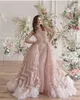 2020 Luxury Pink Evening Dresses With Detachable Overskirts High Neck Lace Mermaid Prom Dress Feather Beaded Plus Size Formal Party Gowns