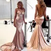 Robes de soirée sirène rose en soie pas cher sexy spaghetti col en V dos nu simple 2019 robe de bal balayage train robe de demoiselle d'honneur formelle