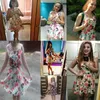 Frauen Sommerkleid Boho Neues Aprikosen ärmellose O-Neck Blumendruck Falten Party Clubwear Formales Kleid