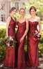 Burgundy Sequins Mixed Styles Bridesmaid Dresses Ruched Spaghetti Straps Strapless V Neck Garden Maid of Honor Gown Formal Evening Wear