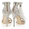 Hot Sale-Hot Crystal Embellished White Feather Fringed Rhinestone High Heels Sandaler Bröllop Bröllop Skor Kvinnor Ladies Stiletto Pumps