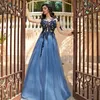 Long Sleeves Prom Dresses sheer crew A-line Tulle Floor-length beaded Applique Long Formal Party ladies Evening Gown robe soiree dubai